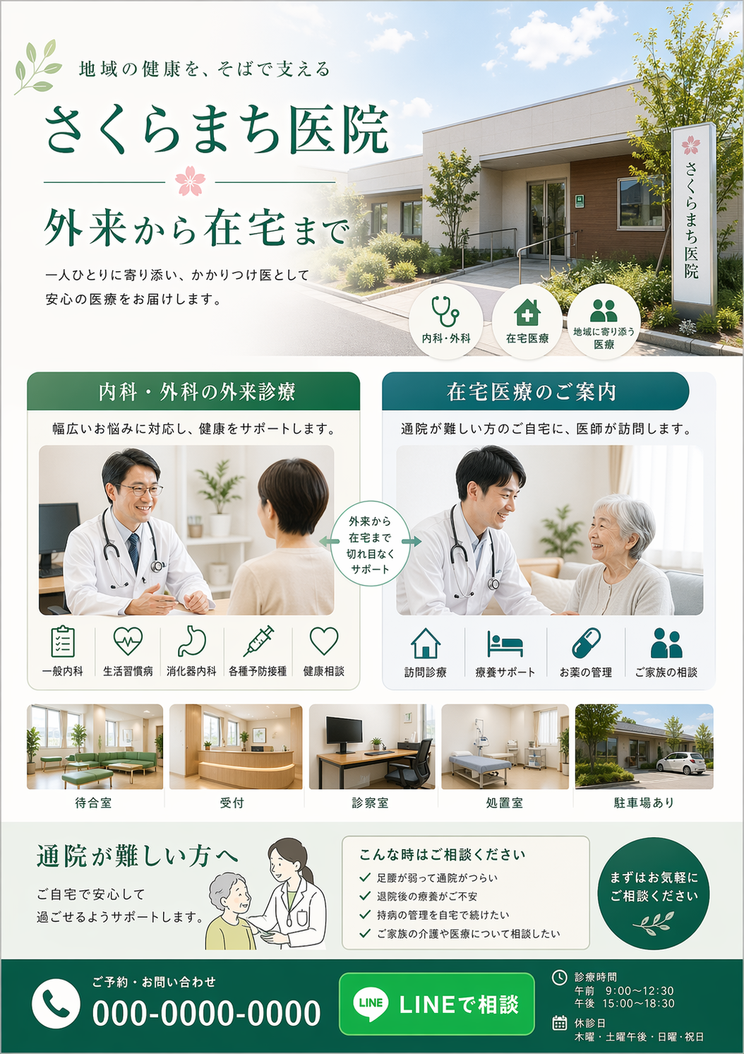 地域医院の外来診療と在宅医療を紹介するチラシ制作イメージ