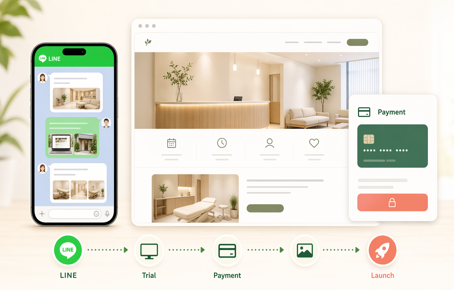LINE相談、お試しページ、決済、写真反映、公開までの制作導線を表したイメージ
