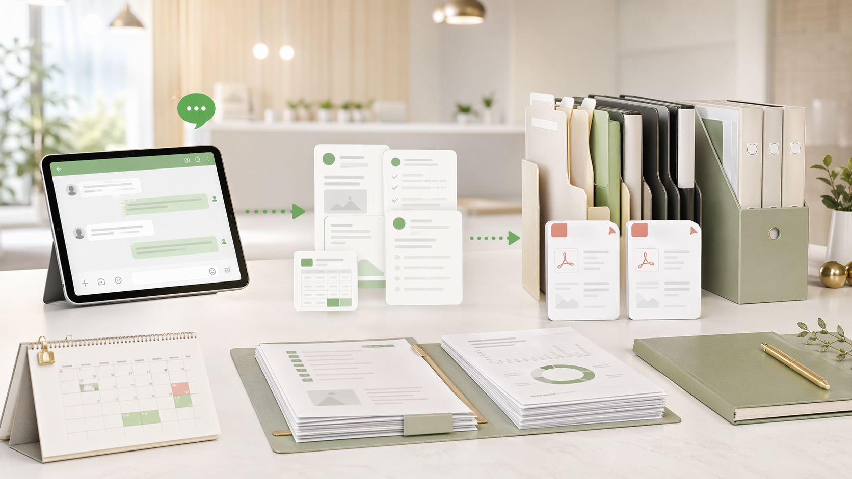 LINEの相談内容から医院の事務資料やPDFを整理するイメージ